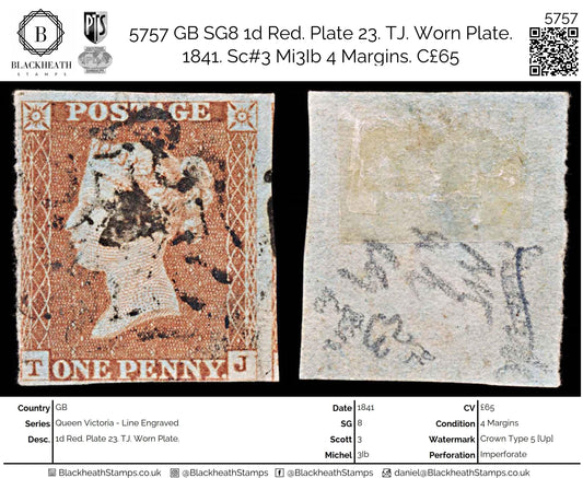 5757 GB SG8 1d Red. Plate 23. TJ. Worn Plate. 1841. Sc#3 Mi3Ib 4 Margins. C£65