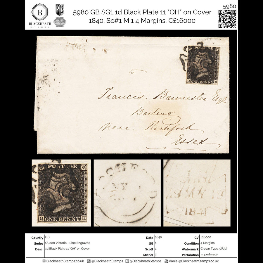 5980 GB SG1 1d Black Plate 11 "QH" on Cover 1840. Sc#1 Mi1 4 Margins. C£16000