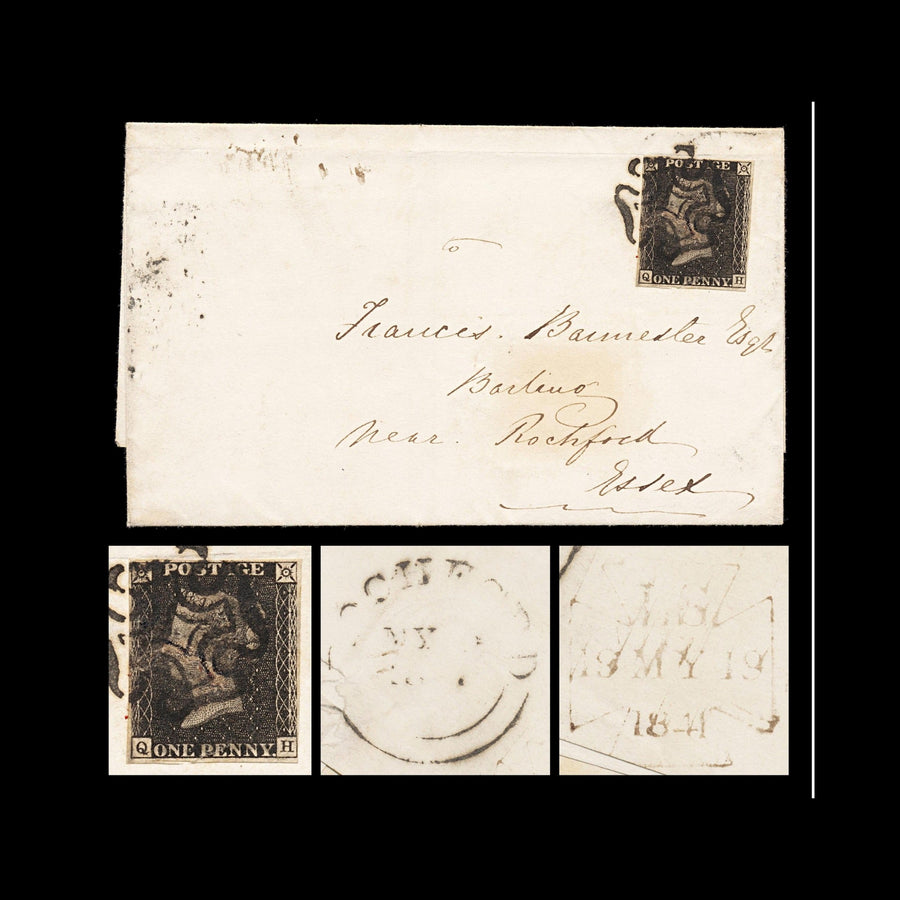 5980 GB SG1 1d Black Plate 11 "QH" on Cover 1840. Sc#1 Mi1 4 Margins. C£16000