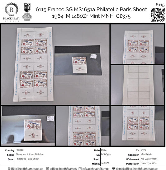 6115 France SG MS1651a Philatelic Paris Sheet 1964. Mi1480Zf Mint MNH. C£375