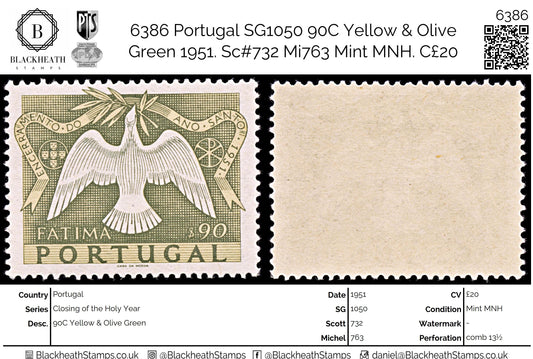 6386 Portugal SG1050 90C Yellow & Olive Green 1951. Sc#732 Mi763 Mint MNH. C£20