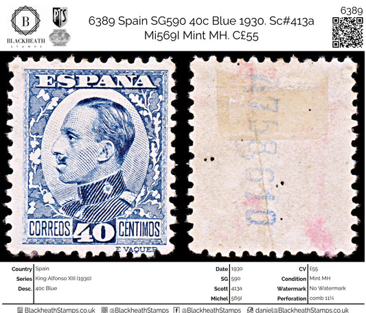 6389 Spain SG590 40c Blue 1930. Sc#413a Mi569I Mint MH. C£55