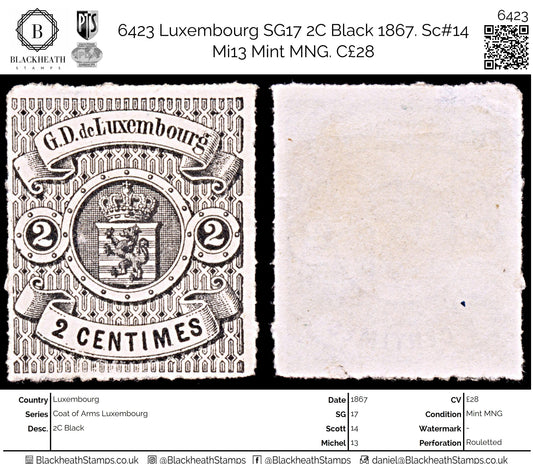 6423 Luxembourg SG17 2C Black 1867. Sc#14 Mi13 Mint MNG. C£28