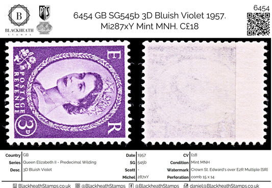 6454 GB SG545b 3D Bluish Violet 1957. Mi287xY Mint MNH. C£18
