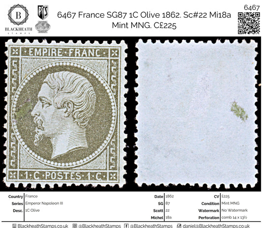 6467 France SG87 1C Olive 1862. Sc#22 Mi18a Mint MNG. C£225