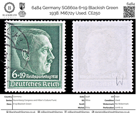 6484 Germany SG660a 6+19 Blackish Green 1938. Mi672y Used. C£250