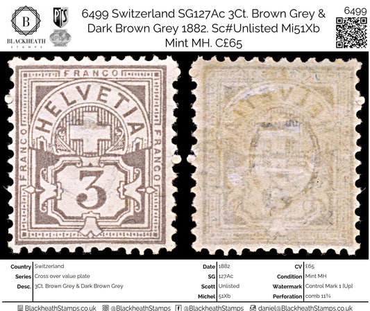 6499 Switzerland SG127Ac 3Ct. Brown Grey 1882. Sc#Unlisted Mi51Xb Mint MH. C£65