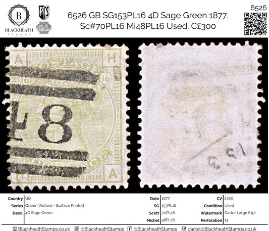 6526 GB SG153PL16 4D Sage Green 1877. Sc#70PL16 Mi48PL16 Used. C£300