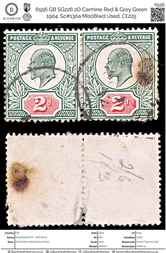 6556 GB SG226 2D Carmine Red & Grey Green 1904. Sc#130a Mi106Iwd Used. C£225