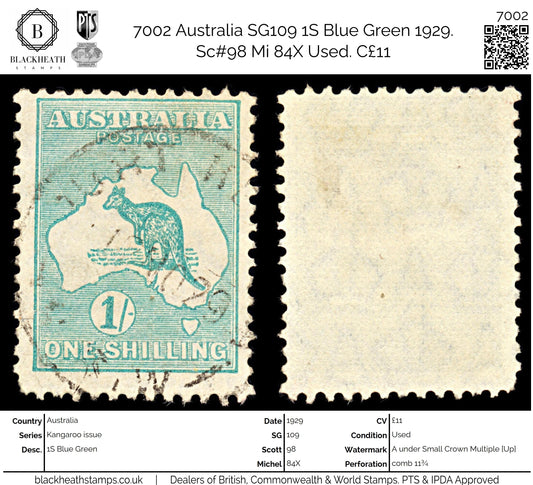 7002 Australia SG109 1S Blue Green 1929. Sc#98 Mi 84X Used. C£11