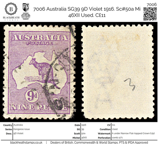 7006 Australia SG39 9D Violet 1916. Sc#50a Mi 46XII Used. C£11