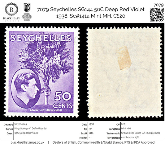 7079 Seychelles SG144 50C Deep Red Violet 1938. Sc#141a Mint MH. C£20