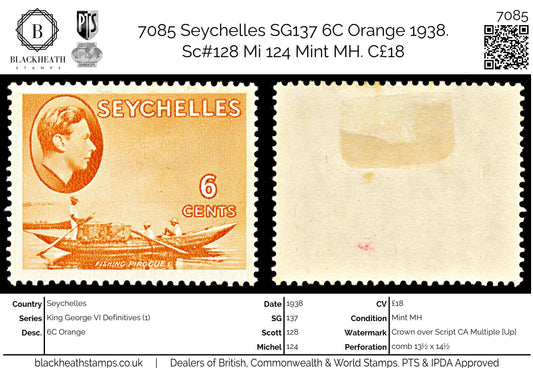7085 Seychelles SG137 6C Orange 1938. Sc#128 Mi 124 Mint MH. C£18
