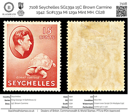 7108 Seychelles SG139a 15C Brown Carmine 1942. Sc#133a Mi 129a Mint MH. C£28