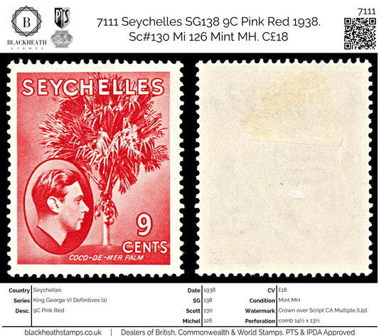 7111 Seychelles SG138 9C Pink Red 1938. Sc#130 Mi 126 Mint MH. C£18