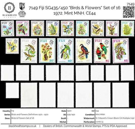 7149 Fiji SG435/450 "Birds & Flowers" Set of 16 1972. Mint MNH. C£44