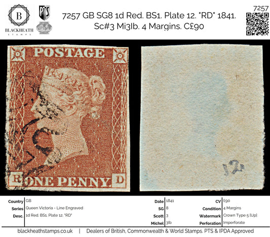 7257 GB SG8 1d Red. BS1. Plate 12. "RD" 1841. Sc#3 Mi3Ib. 4 Margins. C£90
