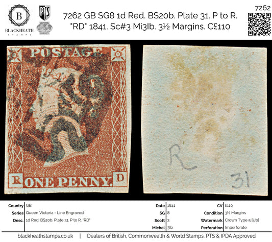7262 GB SG8 1d Red. BS20b. Plate 31. P to R. "RD" 1841. Sc#3 Mi3Ib. 3½ Margins. C£110