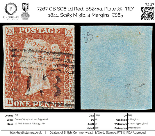 7267 GB SG8 1d Red. BS24xa. Plate 35. "RD" 1841. Sc#3 Mi3Ib. 4 Margins. C£65