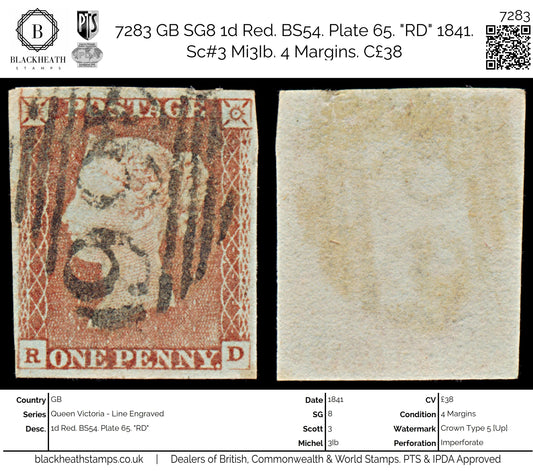 7283 GB SG8 1d Red. BS54. Plate 65. "RD" 1841. Sc#3 Mi3Ib. 4 Margins. C£38