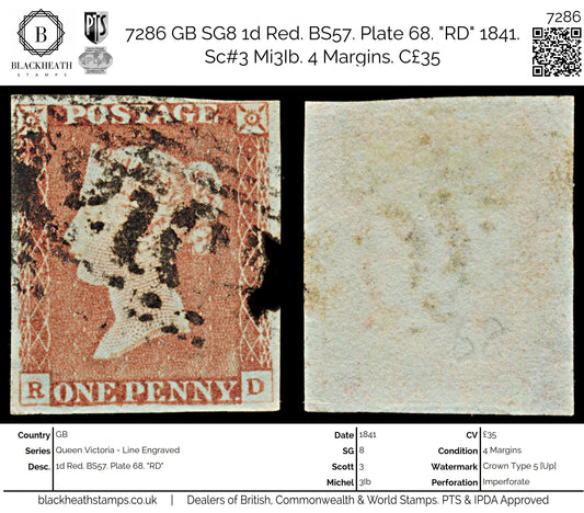 7286 GB SG8 1d Red. BS57. Plate 68. "RD" 1841. Sc#3 Mi3Ib. 4 Margins. C£35