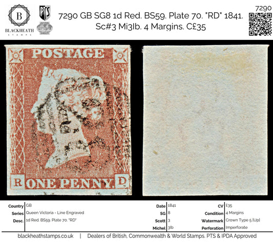 7290 GB SG8 1d Red. BS59. Plate 70. "RD" 1841. Sc#3 Mi3Ib. 4 Margins. C£35