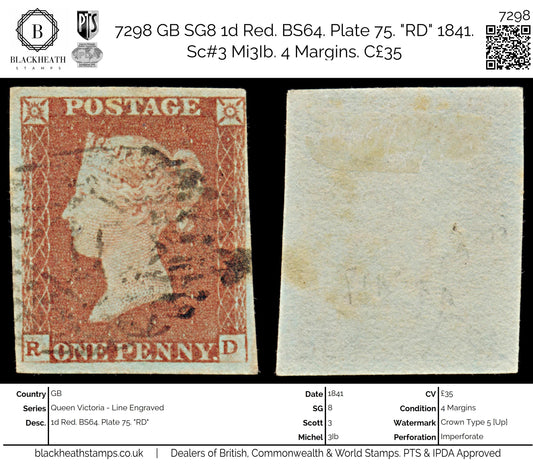7298 GB SG8 1d Red. BS64. Plate 75. "RD" 1841. Sc#3 Mi3Ib. 4 Margins. C£35