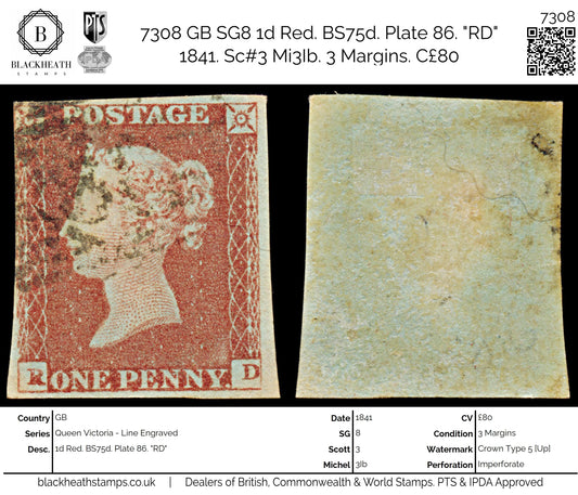 7308 GB SG8 1d Red. BS75d. Plate 86. "RD" 1841. Sc#3 Mi3Ib. 3 Margins. C£80