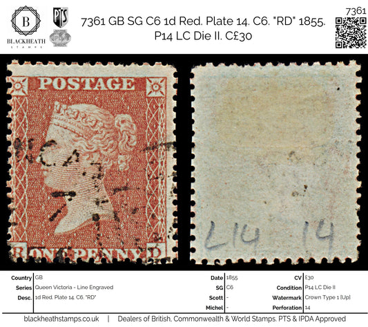 7361 GB SG C6 1d Red. Plate 14. C6. "RD" 1855. P14 LC Die II. C£30