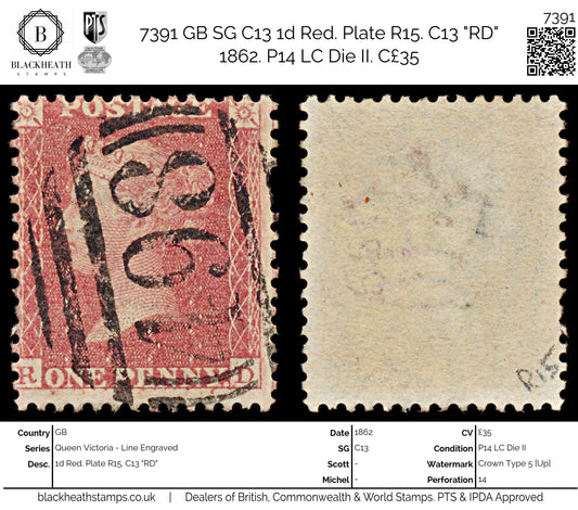7391 GB SG C13 1d Red. Plate R15. C13 "RD" 1862. P14 LC Die II. C£35