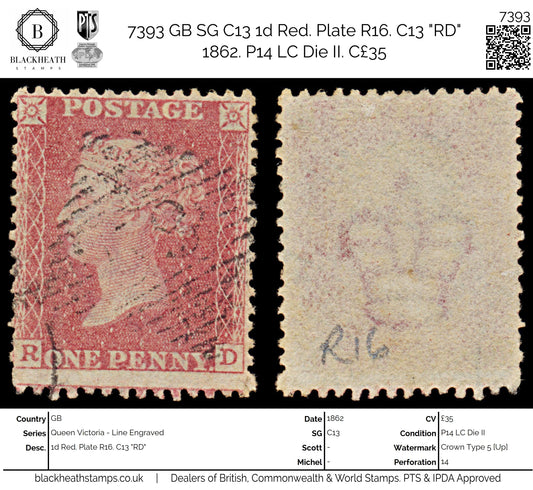 7393 GB SG C13 1d Red. Plate R16. C13 "RD" 1862. P14 LC Die II. C£35