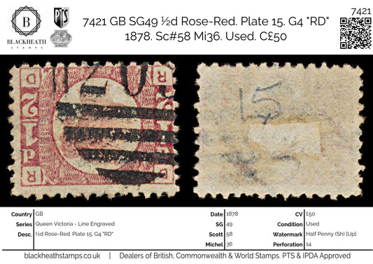 7421 GB SG49 ½d Rose-Red. Plate 15. G4 "RD" 1878. Sc#58 Mi36. Used. C£50