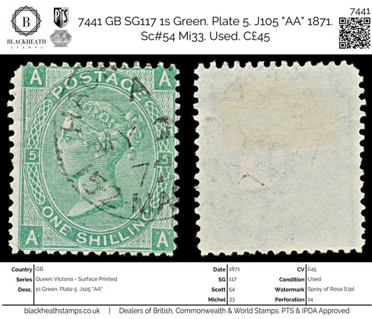 7441 GB SG117 1s Green. Plate 5. J105 "AA" 1871. Sc#54 Mi33. Used. C£45