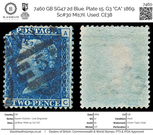 7460 GB SG47 2d Blue. Plate 15. G3 "CA" 1869. Sc#30 Mi17II. Used. C£38