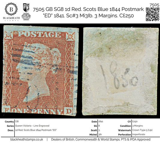 7505 GB SG8 1d Red. Scots Blue 1844 Postmark "ED" 1841. Sc#3 Mi3Ib. 3 Margins. C£250