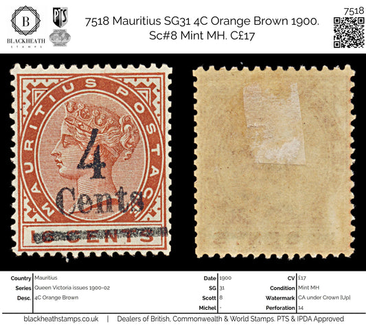 7518 Mauritius SG137 4C Orange Brown 1900. Sc#116 Mi93. Mint MH. C£17