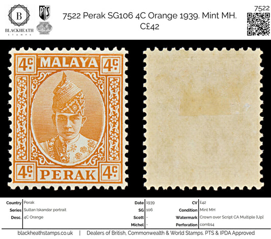 7522 Perak SG107 4C Orange 1939. Sc#86 Mi60. Mint MH. C£42