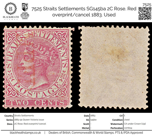 7525 Straits Settlements SG63 2C Rose. Red overprint/cancel 1883. Sc#41 Mi35a. Used