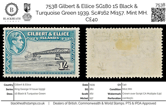 7538 Gilbert & Ellice SG51 1S Black & Turquoise Green 1939. Sc#48 Mi46A. Mint MH. C£40