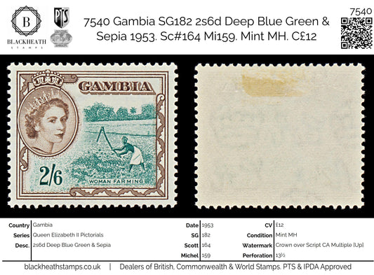 7540 Gambia SG181 2s6d Deep Blue Green & Sepia 1953. Sc#163 Mi158. Mint MH. C£12