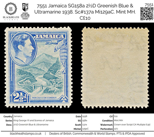 7551 Jamaica SG125 2½D Greenish Blue & Ultramarine 1938. Sc#120 Mi124. Mint MH. C£10