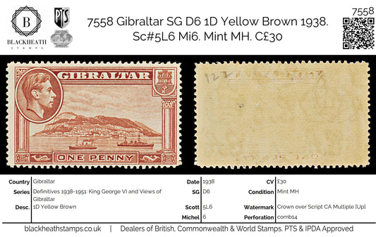7558 Gibraltar SG122 1D Yellow Brown 1938. Sc#108a Mi108B. Mint MH. C£30
