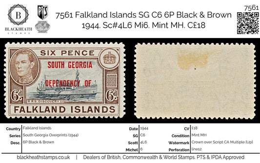 7561 Falkland Islands SG B6 6P Black & Brown 1944. Sc#3L6 Mi6. Mint MH. C£18