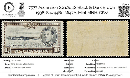 7577 Ascension SG44 1S Black & Dark Brown 1938. Sc#46a Mi49A. Mint MNH. C£22