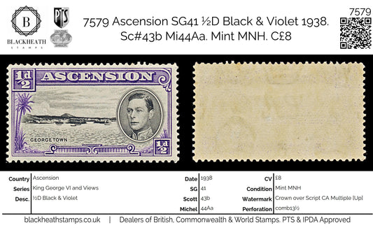 7579 Ascension SG38 ½D Black & Violet 1938. Sc#40a Mi39A. Mint MNH. C£8