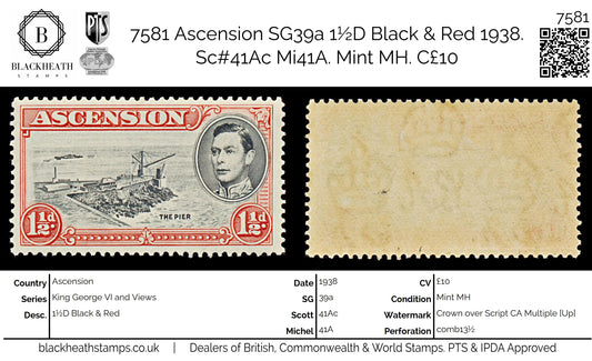 7581 Ascension SG40 1½D Black & Red 1938. Sc#42b Mi43Aa. Mint MH. C£10