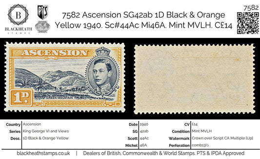 7582 Ascension SG39a 1D Black & Orange Yellow 1940. Sc#41Ac Mi41A. Mint MVLH. C£14