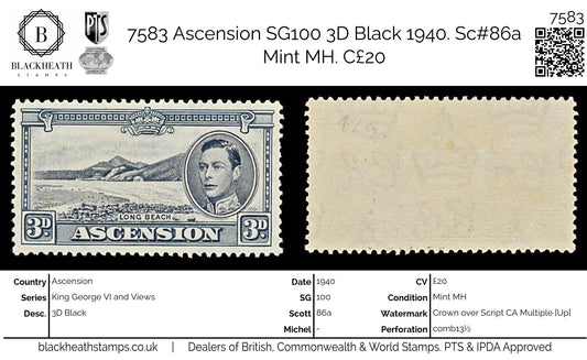 7583 Ascension SG42ab 3D Black 1940. Sc#44Ac Mi46A. Mint MH. C£20