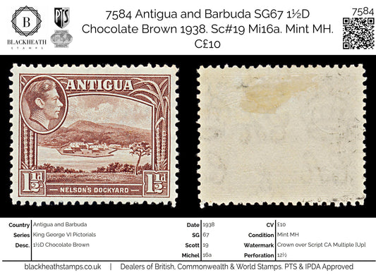 7584 Antigua and Barbuda SG100 1½D Chocolate Brown 1938. Sc#86a Mint MH. C£10
