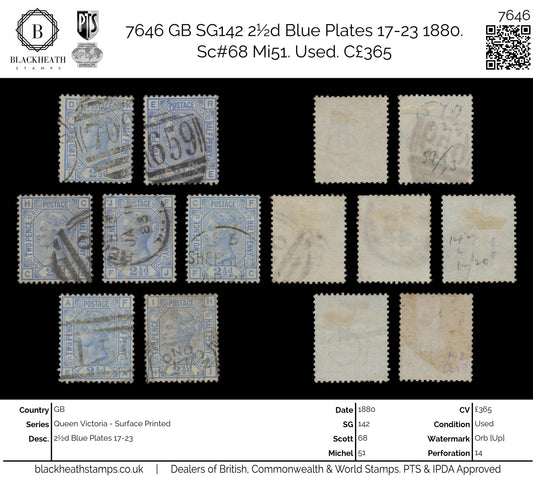 7646 GB SG142 2½d Blue Plates 17-23 1880. Sc#68 Mi51. Used. C£365